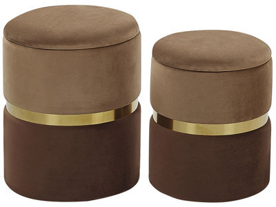 Beliani Set Of 2 Brown Velvet Storage Pouffes With Gold Bar Detail - image 1