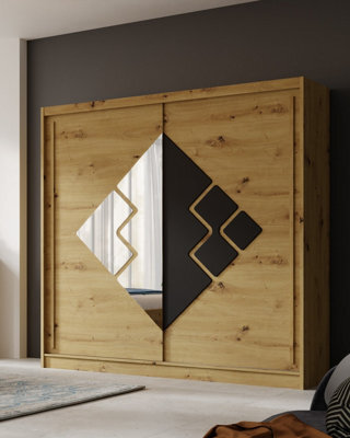 Arte Snake 200Cm Oak Artisan Sliding Wardrobe - Bold Geometric Mirror Design With Smart Hidden Storage