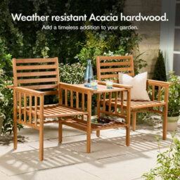 Vonhaus Garden Love Seat, Acacia Wood Outdoor Jack & Jill Loveseat With Teak Oil Coating, Weather Resistant, Cannes - thumbnail 2