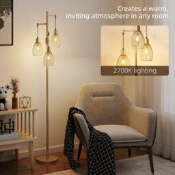 Homcom Industrial 3-Light Floor Lamp Dimmable Led Standing Lamp, Gold Tone - thumbnail 5