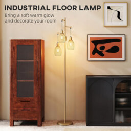 Homcom Industrial 3-Light Floor Lamp Dimmable Led Standing Lamp, Gold Tone - thumbnail 6