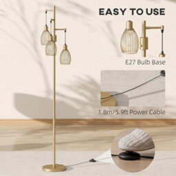 Homcom Industrial 3-Light Floor Lamp Dimmable Led Standing Lamp, Gold Tone - thumbnail 7