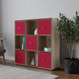 Urbn-Living 9 Cube Oak Wooden Bookcase Shelving Unit With 5 Collapsible Fabric Drawers  Fuchsia - thumbnail 3