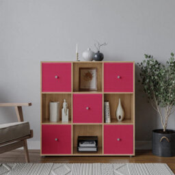 Urbn-Living 9 Cube Oak Wooden Bookcase Shelving Unit With 5 Collapsible Fabric Drawers  Fuchsia - thumbnail 2