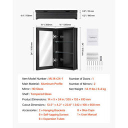 Vevor Medicine Cabinet, 14 X 24 Inches, Medicine Cabinet For Bathroom With Mirror, Aluminum Frame Bathroom Wall Cabinet - thumbnail 7