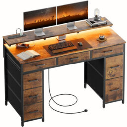 Precision Synergie Computer Desk With 8 Fabric Drawers, 120X50Cm Home Office Desk With Led & Power Outlets, Brown