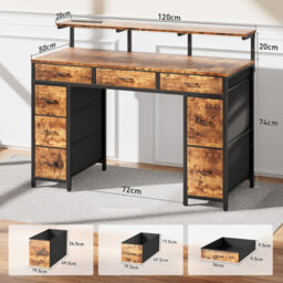 Precision Synergie Computer Desk With 8 Fabric Drawers, 120X50Cm Home Office Desk With Led & Power Outlets, Brown - thumbnail 3