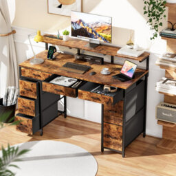 Precision Synergie Computer Desk With 8 Fabric Drawers, 120X50Cm Home Office Desk With Led & Power Outlets, Brown - thumbnail 2