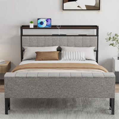 Grey Luxury Fabric Double Bed Frame 4Ft6 With Headboard - image 1