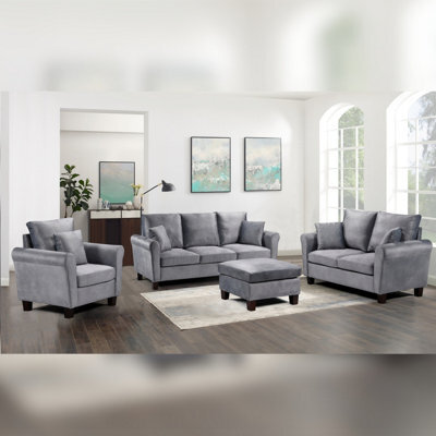 Comfy Living Brushed Velvet 3 Seater Sofa, 2 Seater Sofa And Chair In Grey