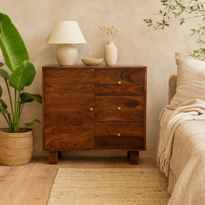 Wyld Haus Bologna Small Sheesham Wood Sideboard Chestnut Finish 3 Drawers 1 Door - image 1