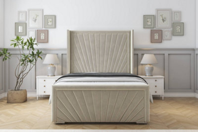 "Sloomy Rutherford Cream Plush Bed Frame With 50""  Upholstered Wingback Headboard 5' King" - image 1