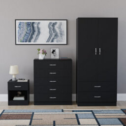 Lassic Vida Designs Riano 3 Piece Bedroom Set (1 Drawer Bedside Chest, 5 Drawer Chest, 2 Door 2 Drawer Wardrobe), Black - thumbnail 7