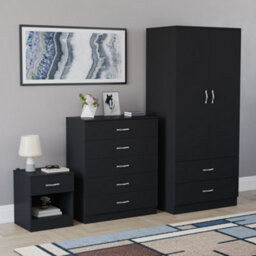 Lassic Vida Designs Riano 3 Piece Bedroom Set (1 Drawer Bedside Chest, 5 Drawer Chest, 2 Door 2 Drawer Wardrobe), Black - thumbnail 6