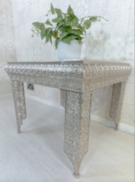 Downton Interiors Silver Embossed Metal Mirrored Glass Side Table - Agadir Collection - thumbnail 3