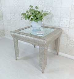 Downton Interiors Silver Embossed Metal Mirrored Glass Side Table - Agadir Collection