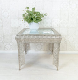 Downton Interiors Silver Embossed Metal Mirrored Glass Side Table - Agadir Collection - thumbnail 2