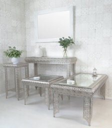 Downton Interiors Silver Embossed Metal Mirrored Glass Side Table - Agadir Collection - thumbnail 5