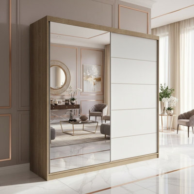 Vista 05 Sliding Door Wardrobe 150X200X61Cm Modern Wardrobe With Mirror Sonoma White Mat Finish - image 1