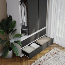 Urbn-Living Urbnliving 240Cm Height White Carcass 6 Sliding Black Door 4 Drawer Freestanding Wardrobe Clothes Storage Hanging Rail Bedroom - thumbnail 7
