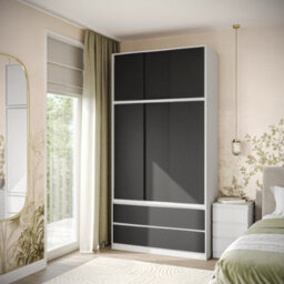 Urbn-Living Urbnliving 240Cm Height White Carcass 6 Sliding Black Door 4 Drawer Freestanding Wardrobe Clothes Storage Hanging Rail Bedroom - thumbnail 2