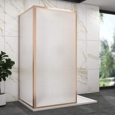 Royal Bathrooms Luxor 2 Sided Walk In Wet Room Fluted Shower Enclosure With 1600 X 800mm Stone Tray & Brushed Bronze Frame 8mm Easy Clean Glass - image 1