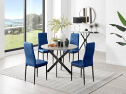 Furniturebox Uk Novara Grey Concrete Effect Black Leg Round Dining Table & 4 Navy Velvet Milan Black Leg Chairs
