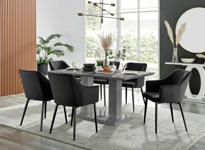 Furniturebox Imperia Grey High Gloss 6 Seater Dining Table With Structural 2 Plinth Column Legs 6 Black Velvet Black Leg Calla Art Deco Chairs - image 1