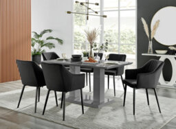 Furniturebox Imperia Grey High Gloss 6 Seater Dining Table With Structural 2 Plinth Column Legs 6 Black Velvet Black Leg Calla Art Deco Chairs - thumbnail 1