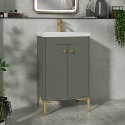 Royal Bathrooms Verona 500mm Matt Green Floor Standing Bathroom Vanity Unit 2 Door With Mid-Edge Basin & Brushed Brass Knob - image 1