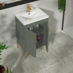 Royal Bathrooms Verona 500mm Matt Green Floor Standing Bathroom Vanity Unit 2 Door With Mid-Edge Basin & Brushed Brass Knob - thumbnail 5