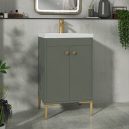 Royal Bathrooms Verona 500mm Matt Green Floor Standing Bathroom Vanity Unit 2 Door With Mid-Edge Basin & Brushed Brass Knob - thumbnail 1
