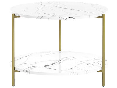Beliani White Round Coffee Table 60Cm Marble-Effect Top Gold Frame With Shelf - image 1