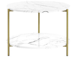 Beliani White Round Coffee Table 60Cm Marble-Effect Top Gold Frame With Shelf - thumbnail 1