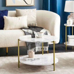 Beliani White Round Coffee Table 60Cm Marble-Effect Top Gold Frame With Shelf - thumbnail 2