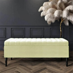 90Cm Paris Striped Ottoman Storage Bench- Plush Velvet Shoe Bench - Cream Upholstery Footstool With Storage