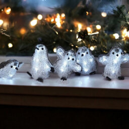 5 X Acrylic Light Up Penguin Ornaments - Battery Powered Indoor Outdoor Illuminated Christmas Decorations With 8 Leds & Timer