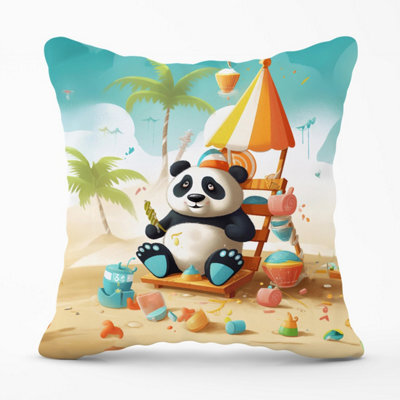 Warren Reed Designer Happy Panda On A Beach Holiday Outdoor Cushion 45Cm X 45Cm - image 1