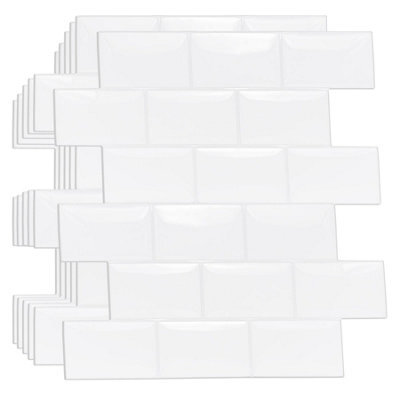 Walplus 100 Pieces 30.5 X 15.4 Cm Pure White Glossy Peel And Stick 3D Wall Tiles Sticker Adhesive Stick On Tiles For Backsplash - image 1