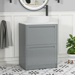 Royal Bathrooms Royal Bathroom Elmore 600mm Matt Pebble Grey Freestanding Bathroom Vanity Unit 2 Drawer Plain White Worktop With Art Basin - thumbnail 1