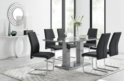 Furniturebox Imperia Grey High Gloss 6 Seater Dining Table With Structural 2 Plinth Column Legs 6 Black Faux Leather Lorenzo Cantilever Chairs - image 1