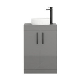Royal Bathrooms Turin 600mm Freestanding Bathroom Vanity Unit With Sink 2 Door Indigo Grey Gloss & Round Countertop Basin - thumbnail 5