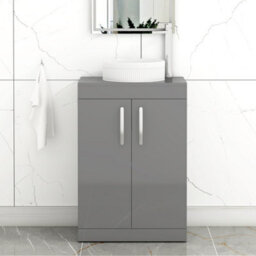 Royal Bathrooms Turin 600mm Freestanding Bathroom Vanity Unit With Sink 2 Door Indigo Grey Gloss & Round Countertop Basin - thumbnail 1