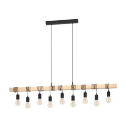 Eglo Townshend Pendant Light, Vintage Black Steel & Natural Wood Design, E27 Fittings, 1500mm Indoor Linear Pendant - thumbnail 2