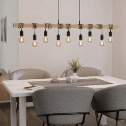 Eglo Townshend Pendant Light, Vintage Black Steel & Natural Wood Design, E27 Fittings, 1500mm Indoor Linear Pendant - thumbnail 1