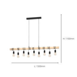 Eglo Townshend Pendant Light, Vintage Black Steel & Natural Wood Design, E27 Fittings, 1500mm Indoor Linear Pendant - thumbnail 4