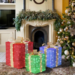 Set Of 3 Giant Led Christmas Gift Boxes With 200 Warm Lights Mains-Powered Holiday Decor Red, Blue, Green Warm Yellow Led - thumbnail 2