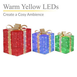 Set Of 3 Giant Led Christmas Gift Boxes With 200 Warm Lights Mains-Powered Holiday Decor Red, Blue, Green Warm Yellow Led - thumbnail 3
