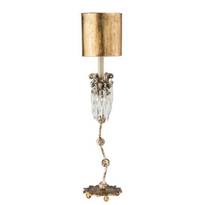Elegant Beige Patina Table Lamp With Cut Glass Crystals And Gold Shade