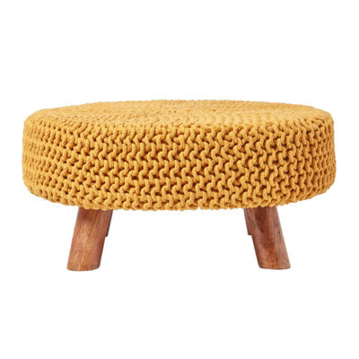 Homescapes Mustard Large Round Cotton Knitted Footstool On Legs - image 1